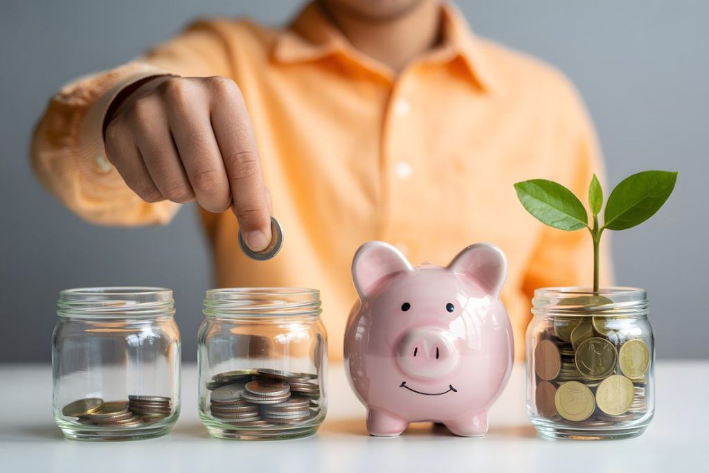 Person placing a coin into a jar beside a piggy bank and a growing plant